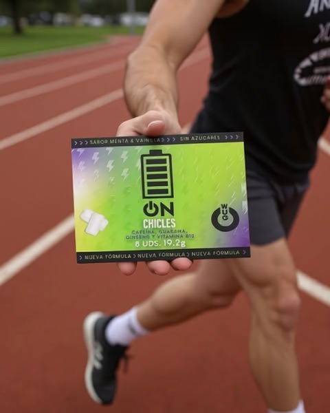 A close-up shot of an energy gum package held in front of a runner on a track, highlighting the product as an essential tool for athletic performance.